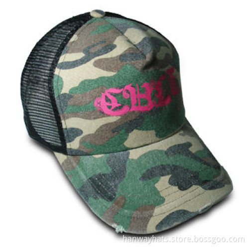 Men's 5-panel Heavey Stone-washed Camouflage Canvas and Mesh Fashion Truckers Cap with Print TrimNew